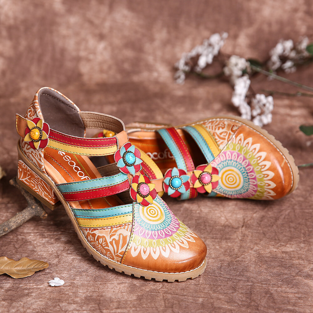 Women Shoes, Women Sandals, Bohemia, Ethnic Style, Stitching, Embossed, Beading, Floral, Chunky Heel Pumps, Heel Sandals