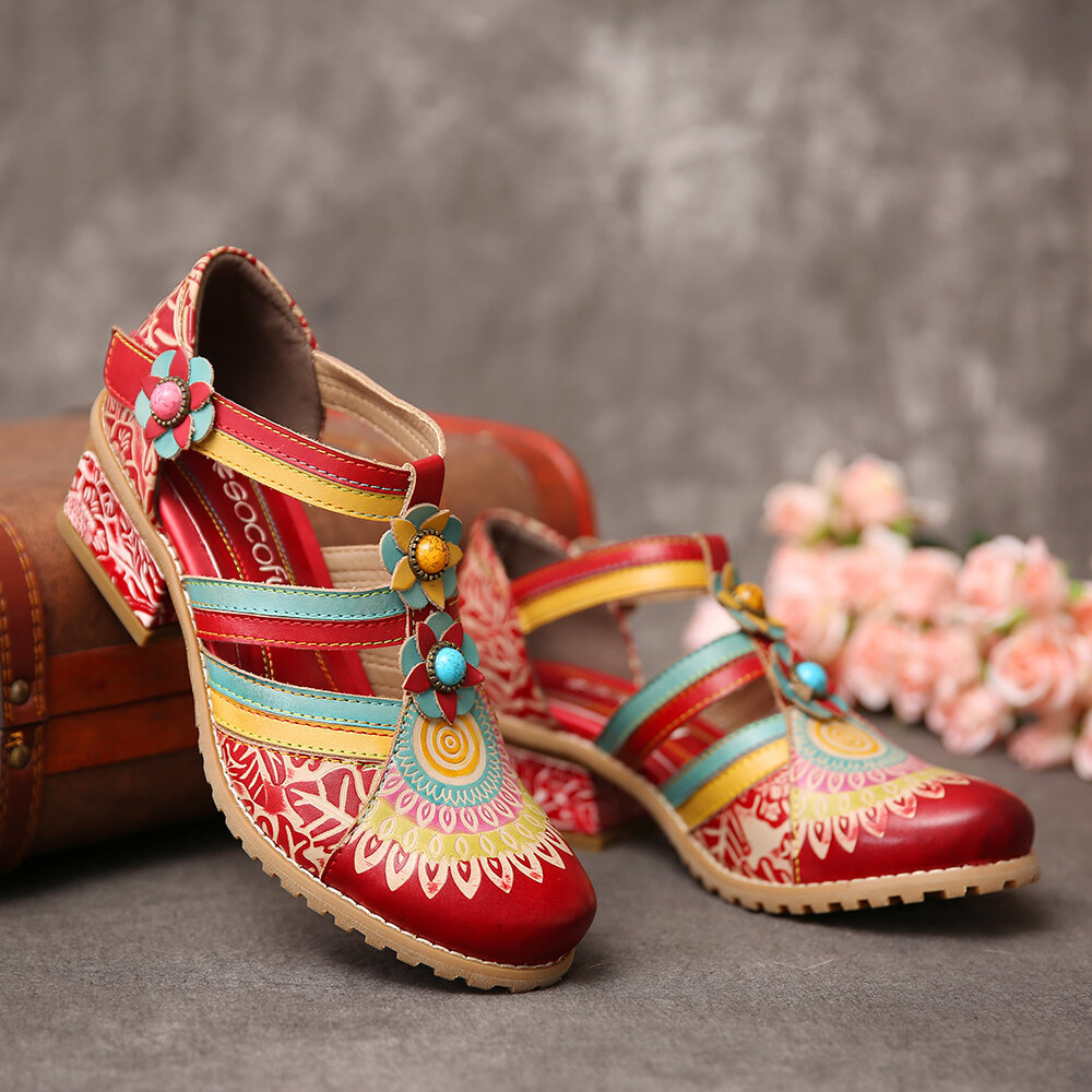 Women Shoes, Women Sandals, Bohemia, Ethnic Style, Stitching, Embossed, Beading, Floral, Chunky Heel Pumps, Heel Sandals
