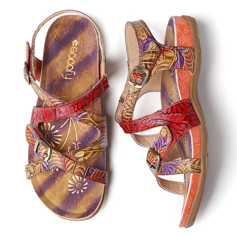 Women Shoes, Women Sandals, Handmade, Leather, Floral, Tie-dyed, Buckle, Adjustable Strappy, Flat Sandals, Leather Sandals
