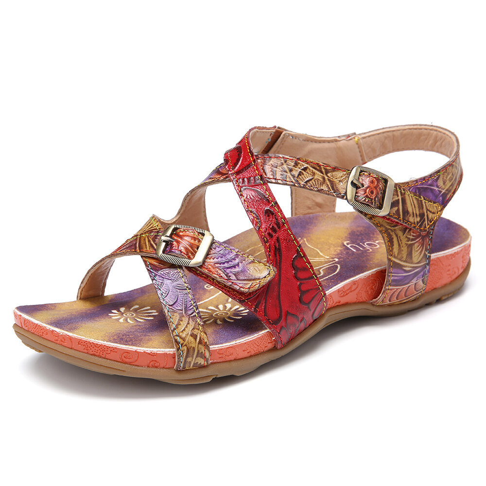 Women Shoes, Women Sandals, Handmade, Leather, Floral, Tie-dyed, Buckle, Adjustable Strappy, Flat Sandals, Leather Sandals