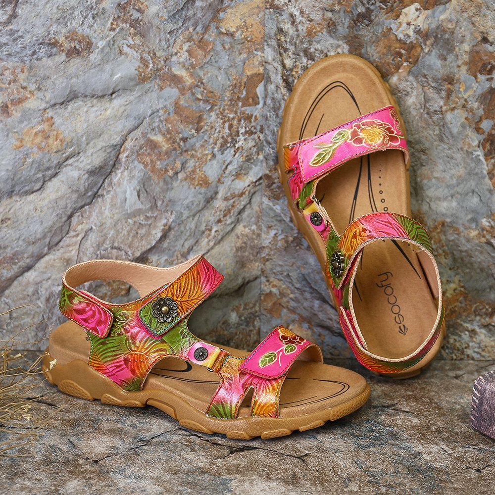 Women Shoes, Women Sandals,  Soft, Genuine Leather, Hand Painted, Flowers Pattern, Retro, Buckle, Adjustable, Hook Loop, Retro Sandals, Leather Sandals