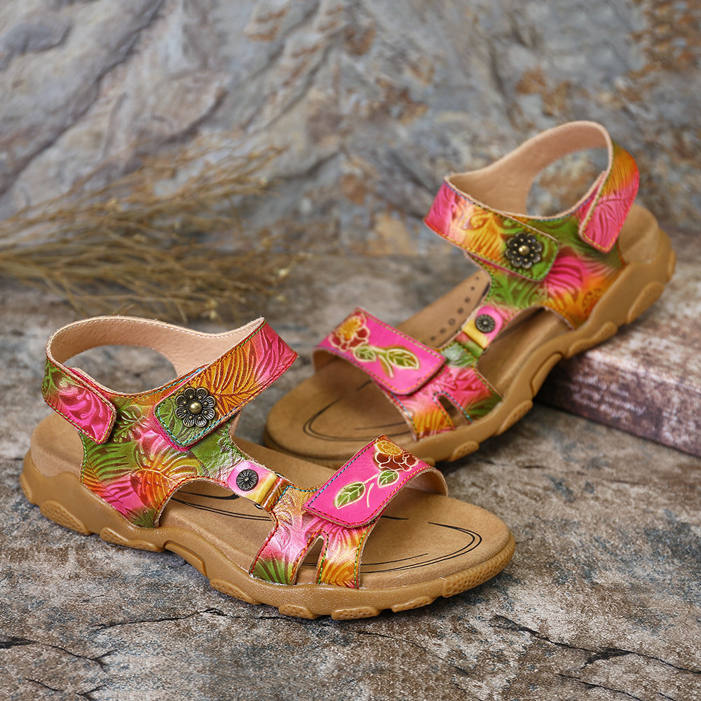 Women Shoes, Women Sandals,  Soft, Genuine Leather, Hand Painted, Flowers Pattern, Retro, Buckle, Adjustable, Hook Loop, Retro Sandals, Leather Sandals