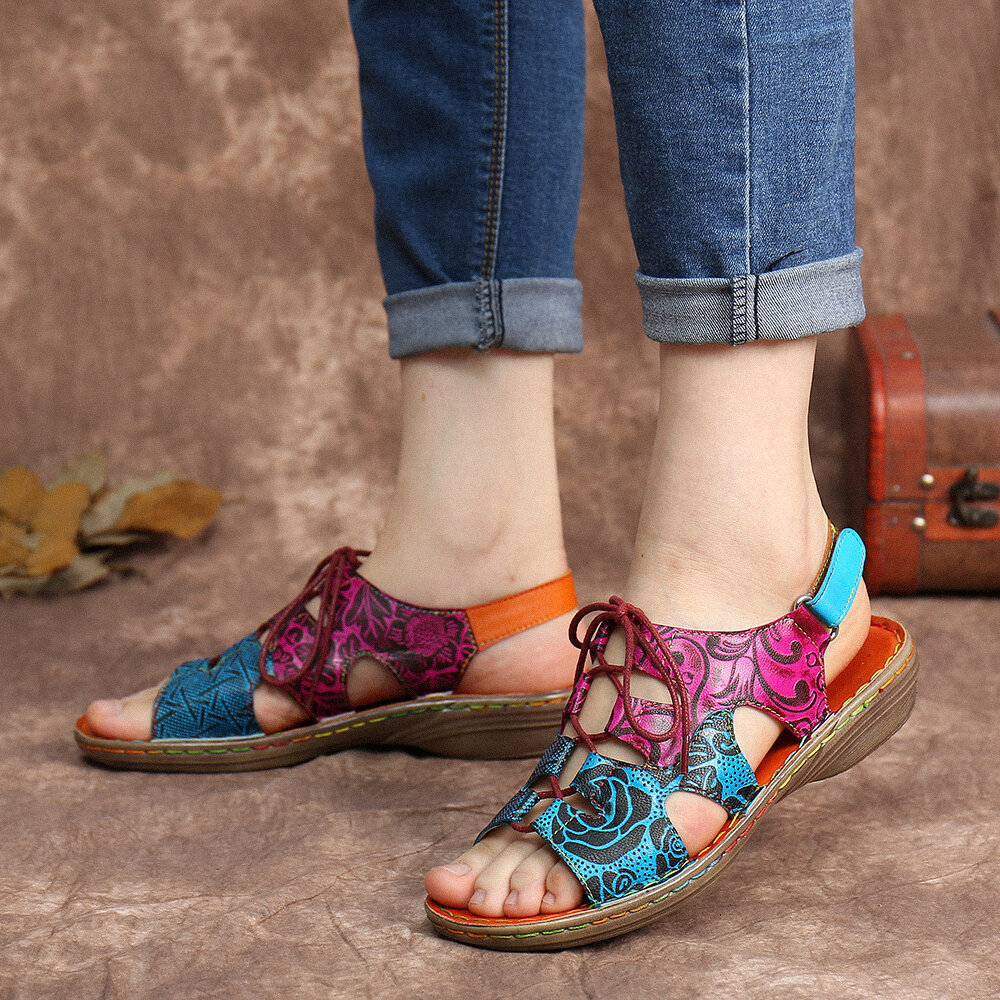 Women Shoes, Women Sandals, Vintage, Bohemia, Handmade, Leather, Floral, Hook Loop, Slingback, Flat Sandals, Bohemia Sandals
