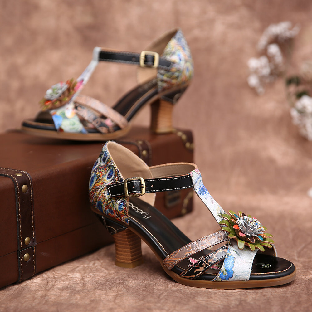 Women Shoes, Women Sandals,  Retro, Embossed, Floral, Ethnic Style, Stitching, Buckle,  T-Strap, Chunky Sandals,  Heel Sandals