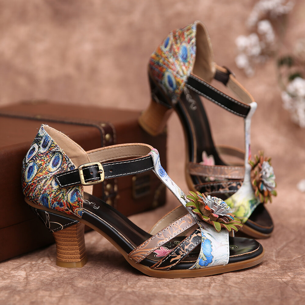 Women Shoes, Women Sandals,  Retro, Embossed, Floral, Ethnic Style, Stitching, Buckle,  T-Strap, Chunky Sandals,  Heel Sandals