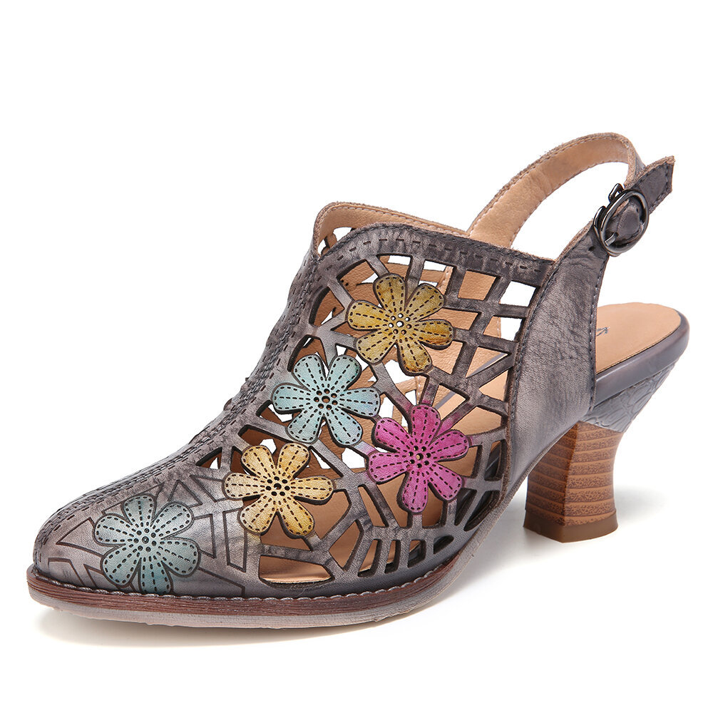 Women Shoes, Women Sandals,  Leather Sandals,  Distressed Leather, Floral, Cutout, Buckle Strap, Slingback, Pointed Toe, Chunky Heel Sandals, Heel Sandals