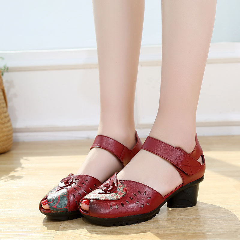 Women Casual Comfy Leather Hollow Hook Loop Open Toe Chunky Heel Sandals, Sandals