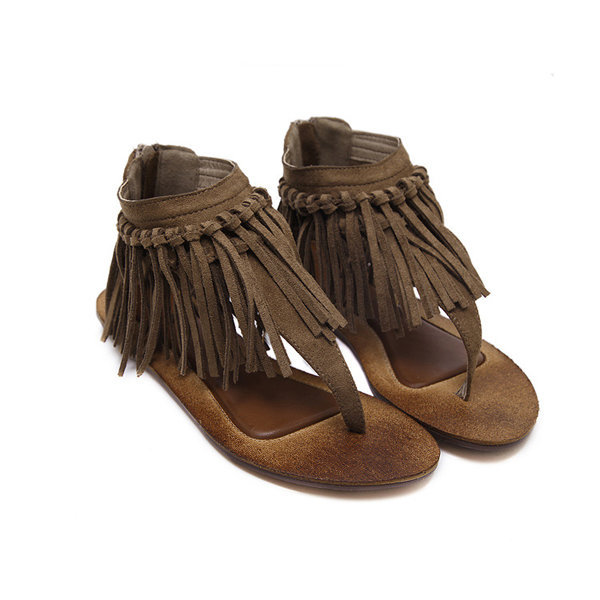 Women Shoes, Women Sandals, Leather Sandals, Tassel, Clip Toe, Bohemia, Vintage, Zipper, Gladiators Sandals