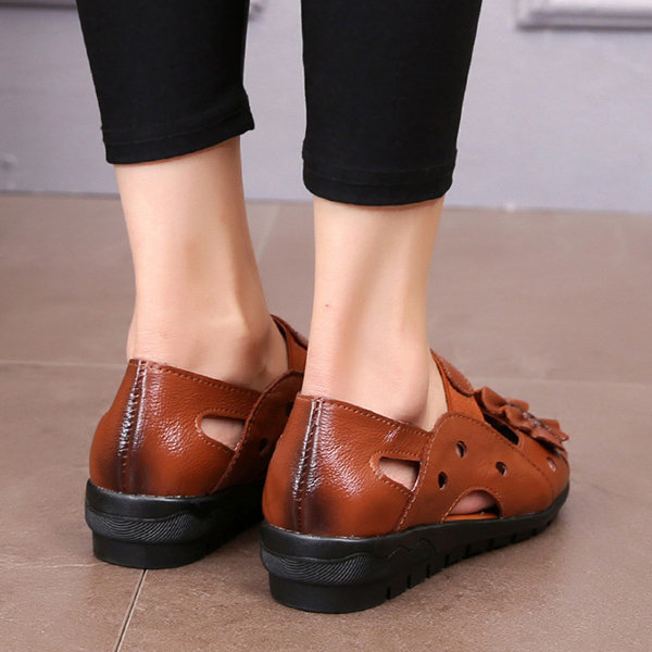 Women Shoes, Women Sandals, Leather Sandals, Peep Toe, Leather , Elastic, Band, Hollow Out, Flat Sandals,  Comfortable Sandals