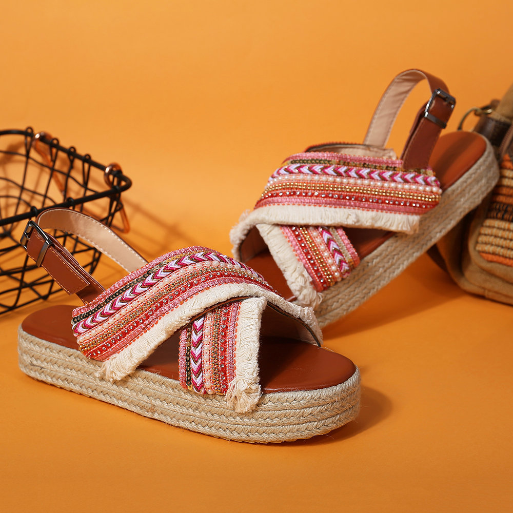 Women Shoes, Women Sandals, Folkways, Flax, Cross Buckle, Platform Sandals