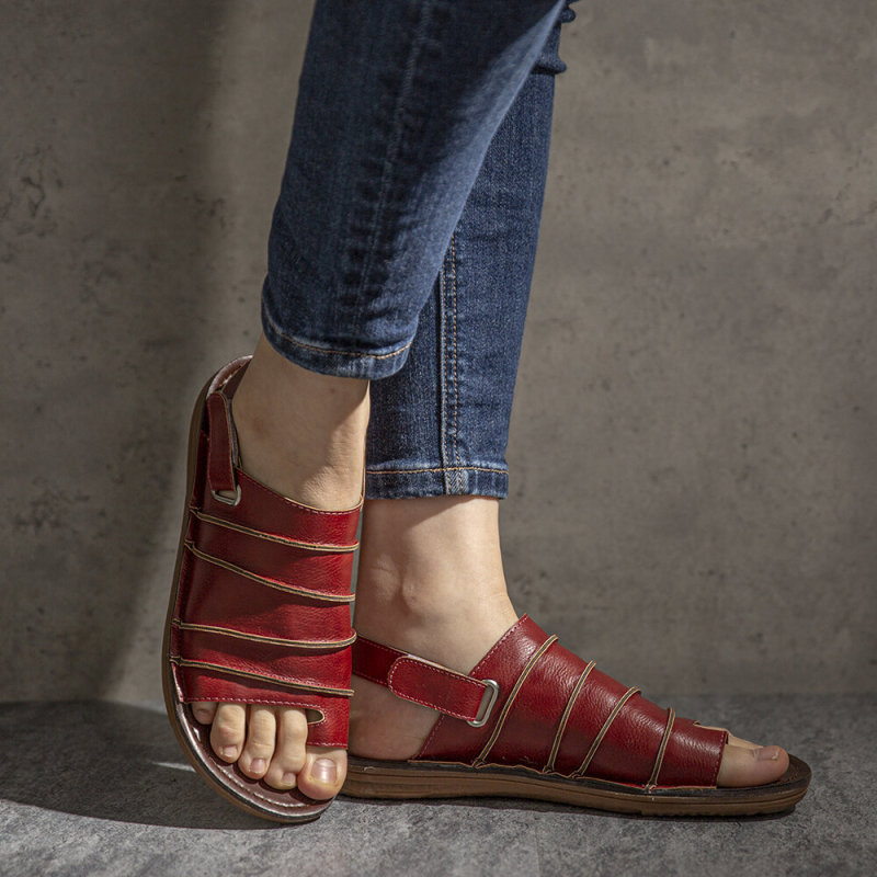Women Hook Loop Clip Toe Handmade Stitching Casual Flat Non Slip Slingback Sandals