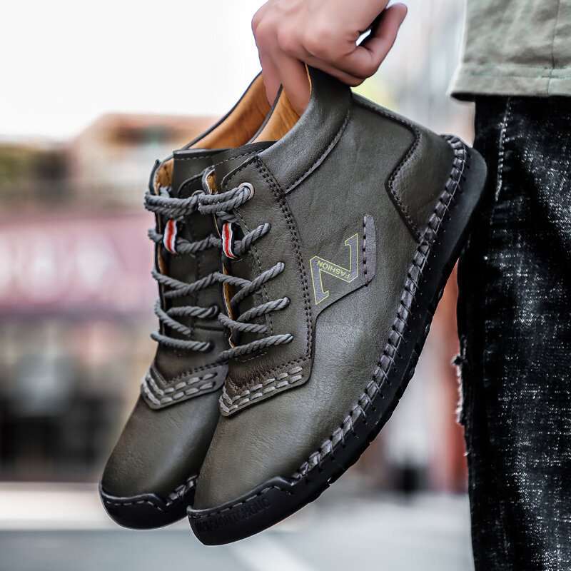 Men Autumn Winter Hand Stitching Lace Up Microfiber Leather Ankle Boots, Boots
