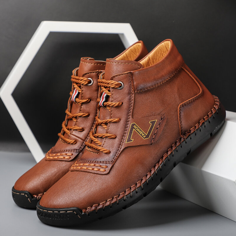 Men Autumn Winter Hand Stitching Lace Up Microfiber Leather Ankle Boots, Boots