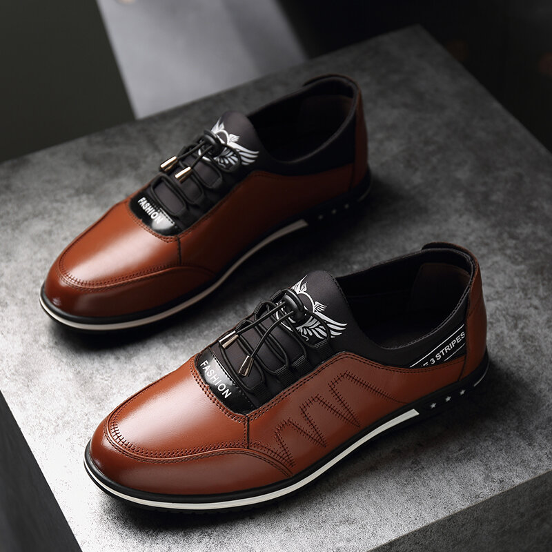 Men Four Seasons Non Slip Elastic Lace Business Leather Casual Shoes, Flats