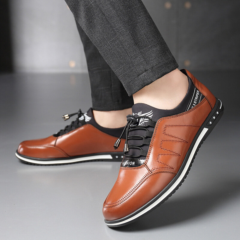 Men Four Seasons Non Slip Elastic Lace Business Leather Casual Shoes, Flats