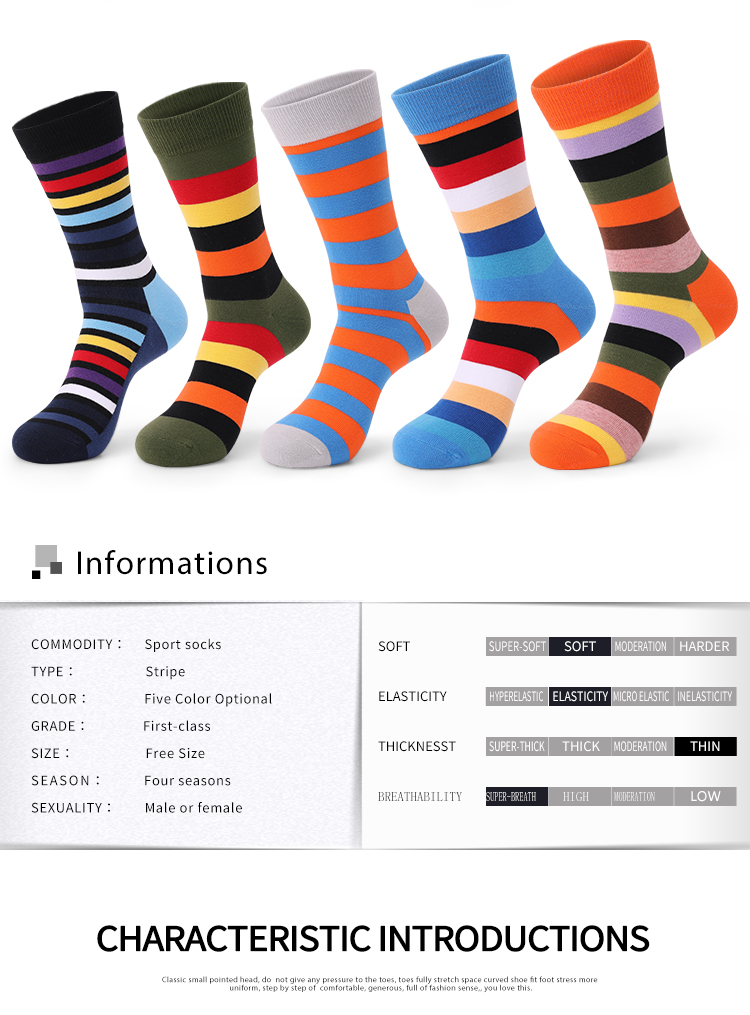Men Four Seasons Mix Color Stripes Cotton 5 Pack Long Tube Socks detail Image