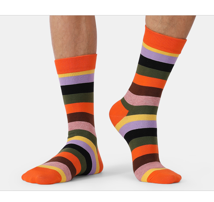 Men Four Seasons Mix Color Stripes Cotton 5 Pack Long Tube Socks detail Image