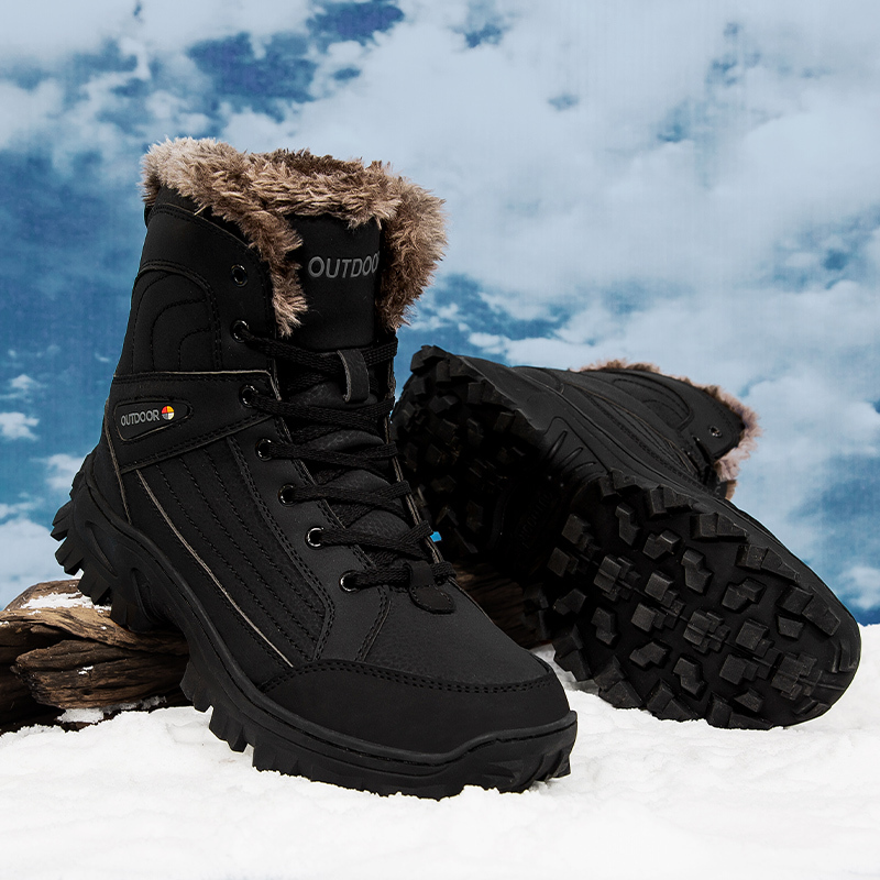 Men Winter Fur Lined Outdoor Leather Hiking Winter Shoes, Winter Boots
