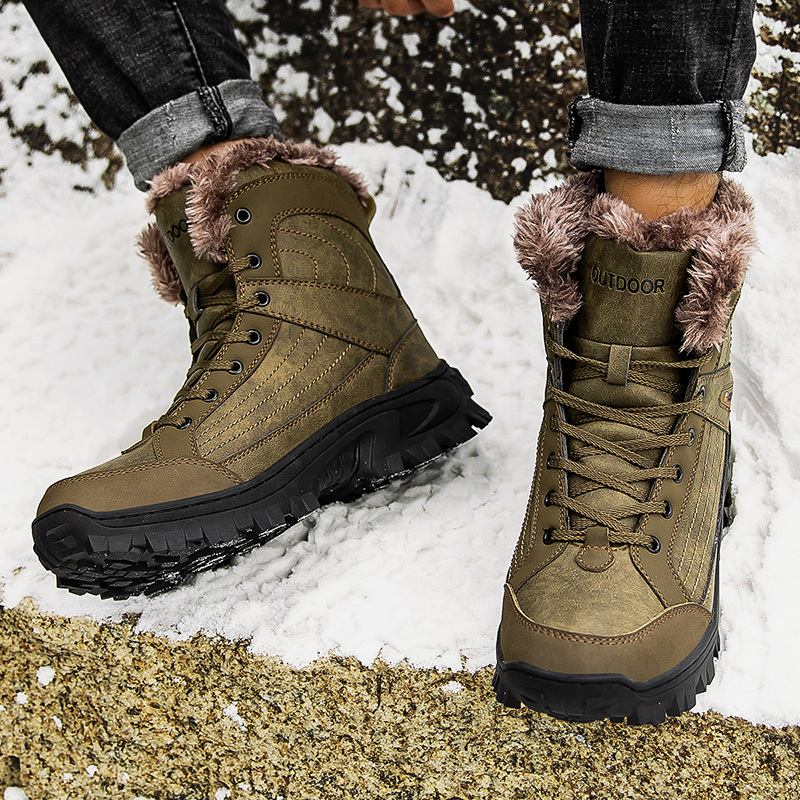Men Winter Fur Lined Outdoor Leather Hiking Winter Shoes, Winter Boots